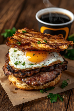 Breakfast sandwich with egg, sausage, and potatoes served with coffee.の素材