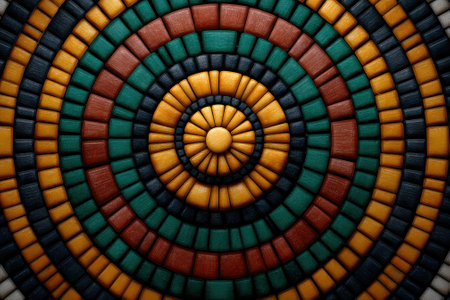 Colorful circular mosaic pattern with yellow, green, brown, and black tiles.の素材