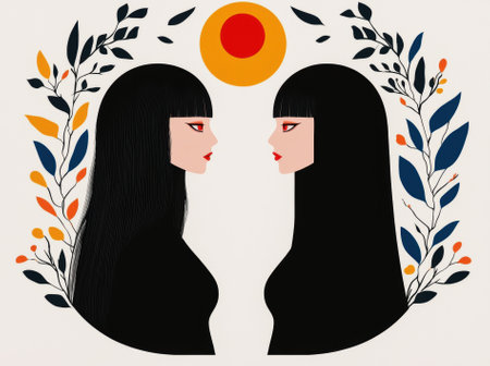 Two women with black hair face each other in an artistic illustration.の素材