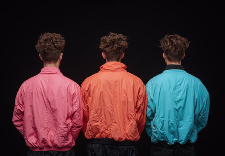 Three people wearing colorful jackets stand against a black background.の素材