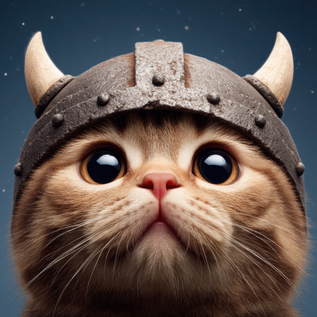 A cute cat wearing a viking helmet.の素材