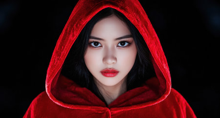 Mysterious woman in a red hood looking at the camera.の素材