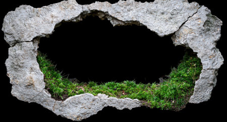 A hole in a concrete wall with moss growing through it.の素材
