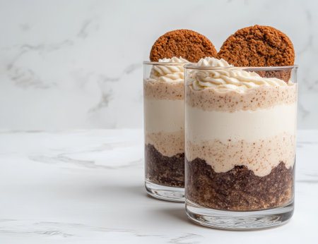 Two glasses of layered dessert with cookies on a white marble surface.の素材