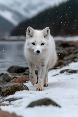 An arctic fox walks along a snowy shoreline.の素材