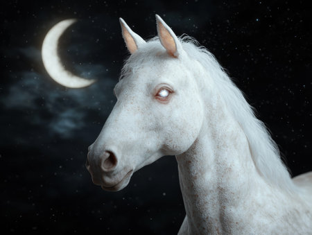 A white horse with glowing eyes stands in the moonlight.の素材