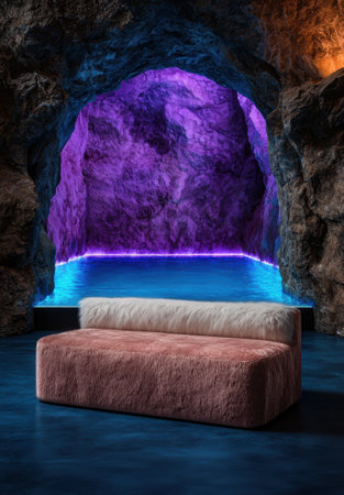 A cozy lounge area inside a cave with a pool of water.の素材