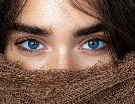 Close-up of a woman's face with striking blue eyes and a brown scarf.の素材