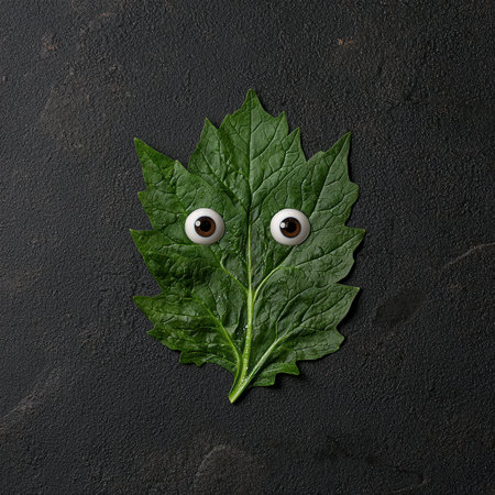 A green leaf with googly eyes on a dark background.の素材