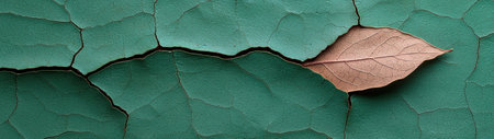 A dry leaf on cracked green surface.の素材