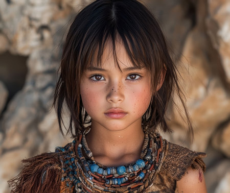 Portrait of a young girl with freckles and a beaded necklace.の素材