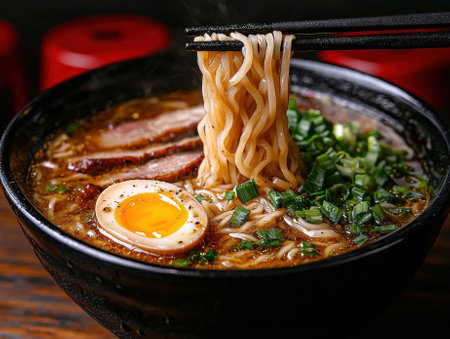 Delicious bowl of ramen with egg and meat.の素材