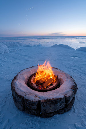 A cozy fire pit in a snowy landscape under a twilight sky.の素材