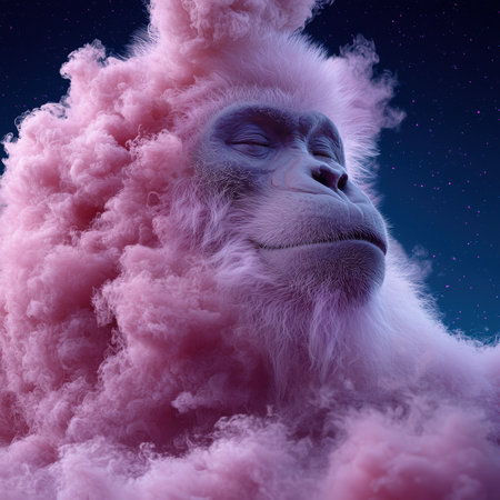 A dreamy gorilla surrounded by pink clouds in a serene pose.の素材