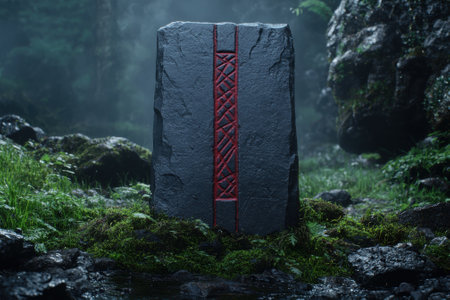 Mysterious stone monolith with red carvings in a misty forest.の素材
