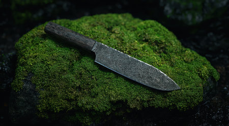 A Damascus steel knife rests on a mossy rock.の素材