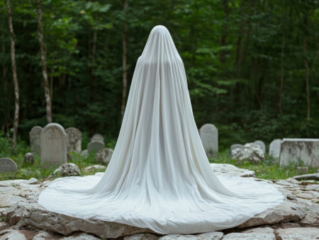 A ghostly figure shrouded in white stands among tombstones in a cemetery.の素材