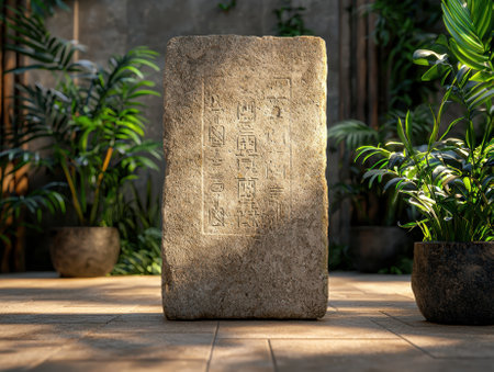 Ancient stone tablet with hieroglyphs standing outdoors.の素材
