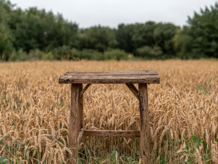 Rustic wooden bench in a wheat field.の素材
