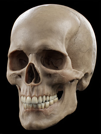 Detailed human skull on a black background.の素材