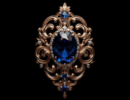 Elegant gold pendant with a large blue gemstone surrounded by diamonds.の素材