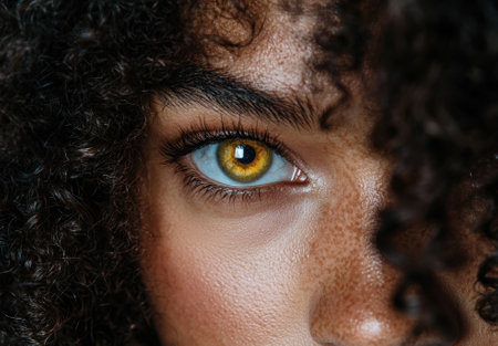 Close up of a person's eye with golden iris and curly hair.の素材
