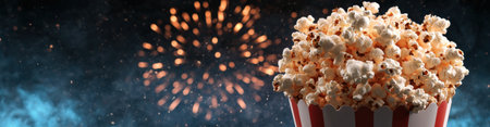 Popcorn in a container with fireworks in the background.の素材