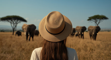 Woman in hat watching elephants in the savanna.の素材