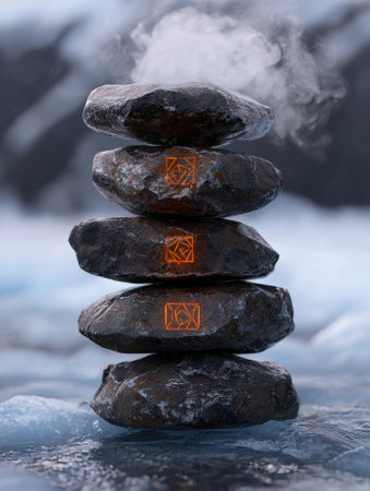 A stack of balanced stones with glowing symbols in a serene landscape.の素材