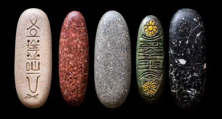 Five decorative stones with ancient carvings on a black background.の素材