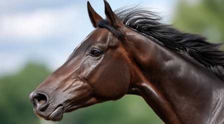 Elegant brown horse portrait with a shiny coat.の素材