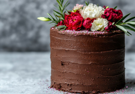 A decadent chocolate cake decorated with fresh flowers and sprinkles.の素材