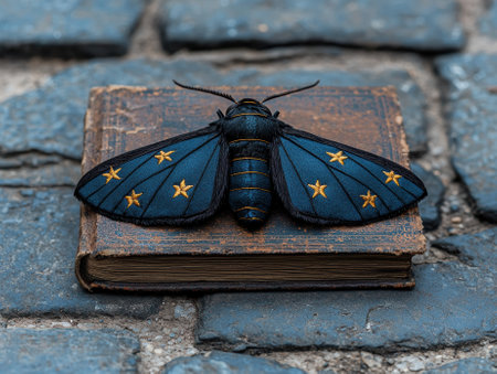 A moth with star patterns rests on an antique book.の素材