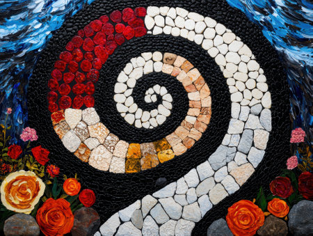 Colorful mosaic spiral with flowers and blue accents.の素材