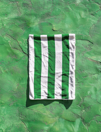 Green and white striped towel on a green textured surface.の素材