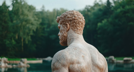 Marble statue of a muscular man in a garden.の素材