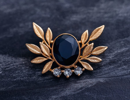 Elegant gold ring with a large black gemstone and small diamonds.の素材