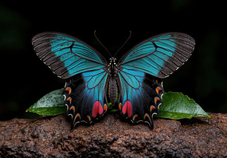 A beautiful butterfly with open wings on a tree branch.の素材