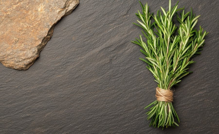 Fresh rosemary sprigs tied with twine on a slate background.の素材