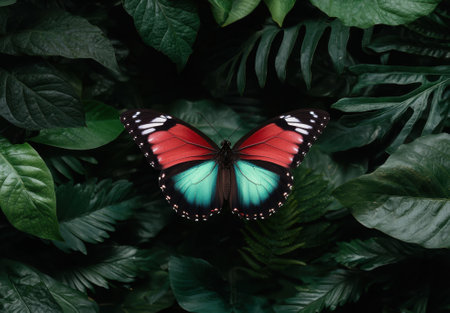 A colorful butterfly rests among lush green foliage.の素材