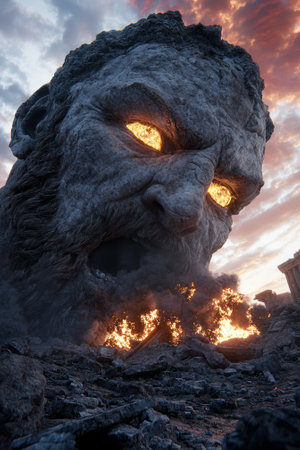 A giant stone titan with glowing eyes emerges from a fiery landscape.の素材