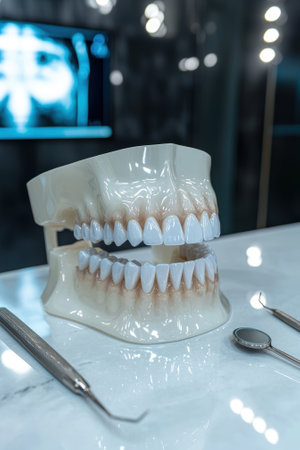 Dental model with tools on a white surface in a dentist's office.の素材