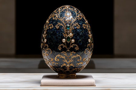 Ornate Faberge egg with gold and jewel embellishments.の素材