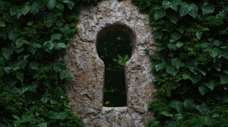 Keyhole in a stone wall covered with ivy.の素材