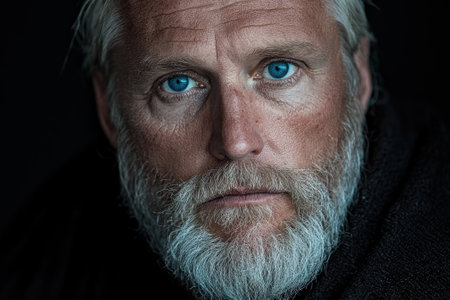 Close-up portrait of a mature man with blue eyes and a grey beard.の素材