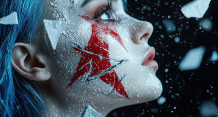 Woman with cracked skin and red makeup.の素材