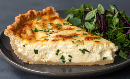 A slice of homemade quiche with a side salad.の素材
