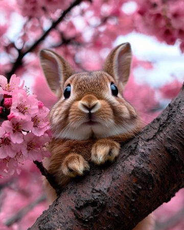 A cute rabbit sits in a cherry blossom tree.の素材