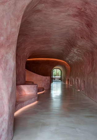 A pink hallway with curved walls and recessed lighting.の素材