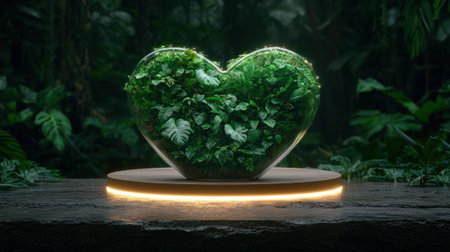 Heart shaped terrarium with green plants on a wooden stand in a forest.の素材